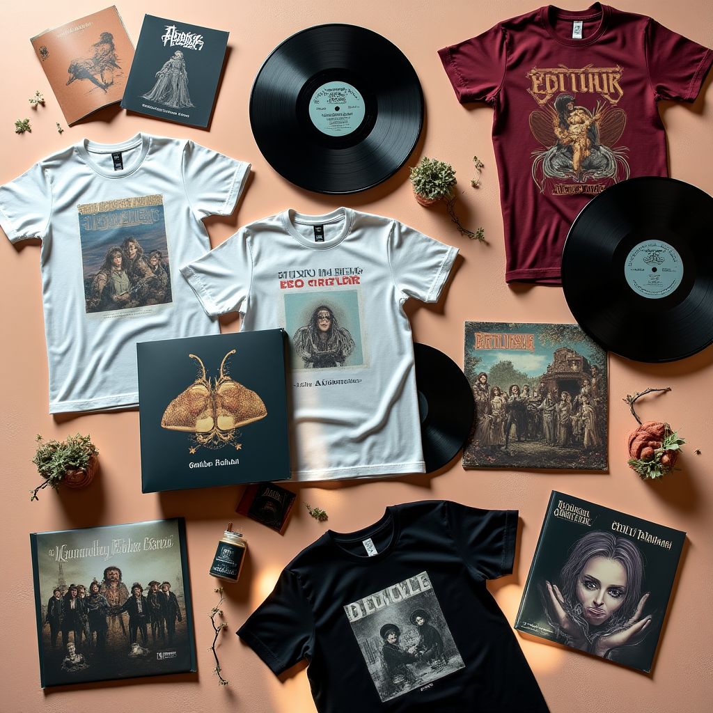 A collection of vinyl records and merchandise