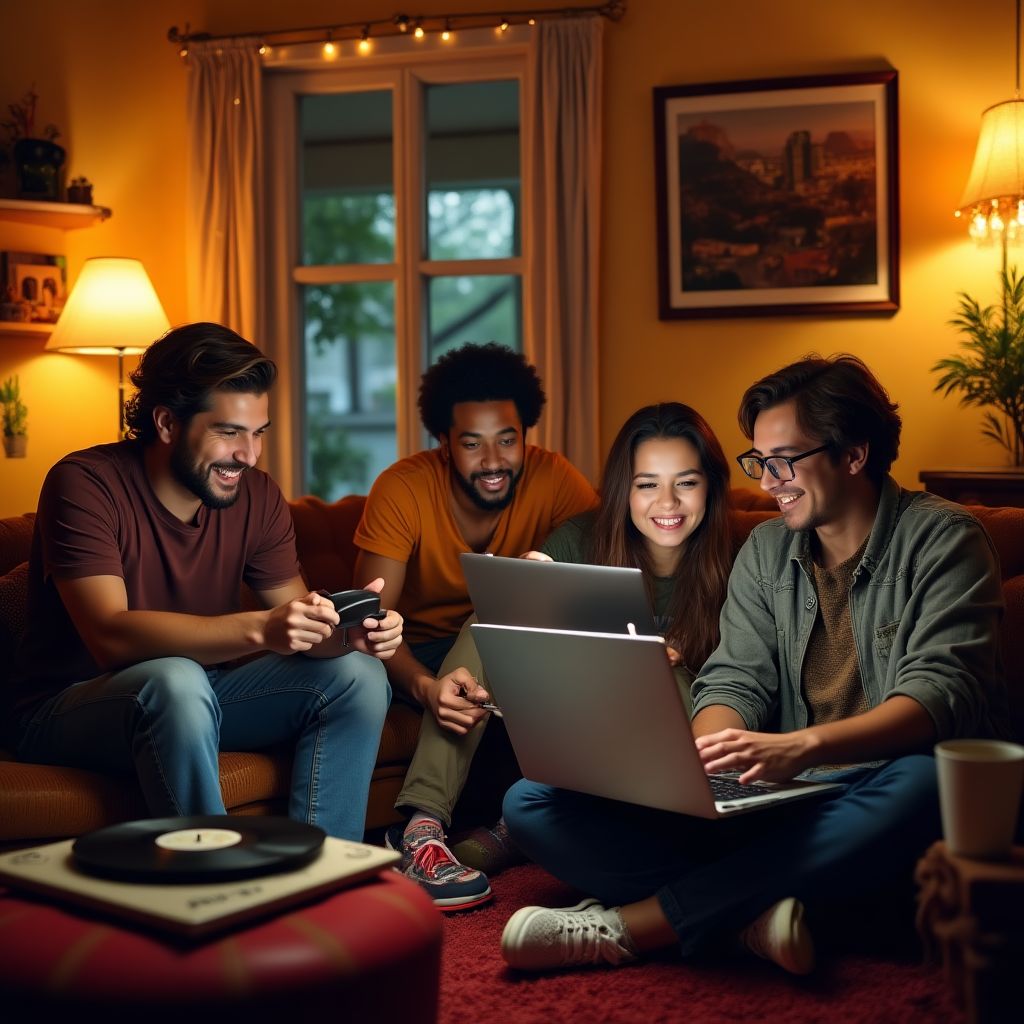 A group of friends collaborating over laptops in a cozy, retro-inspired room.